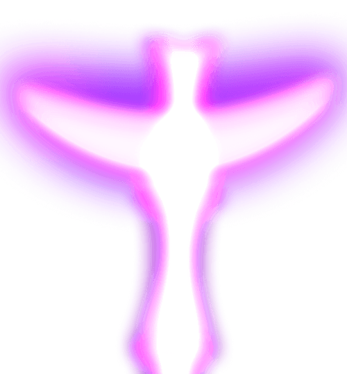 Glowing white human figure with arms outstretched surrounded by purple aura on black background.